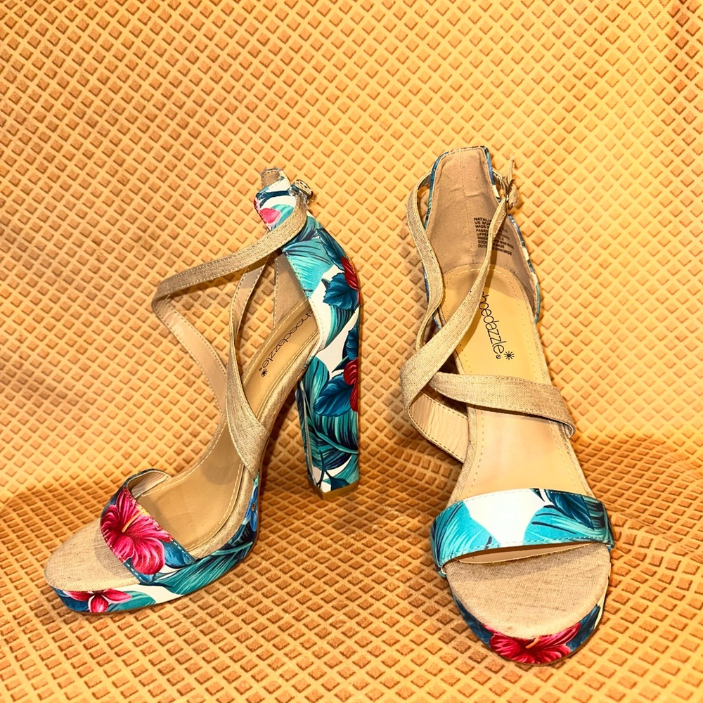 Natalia Tropical Print Block Heel Sandals